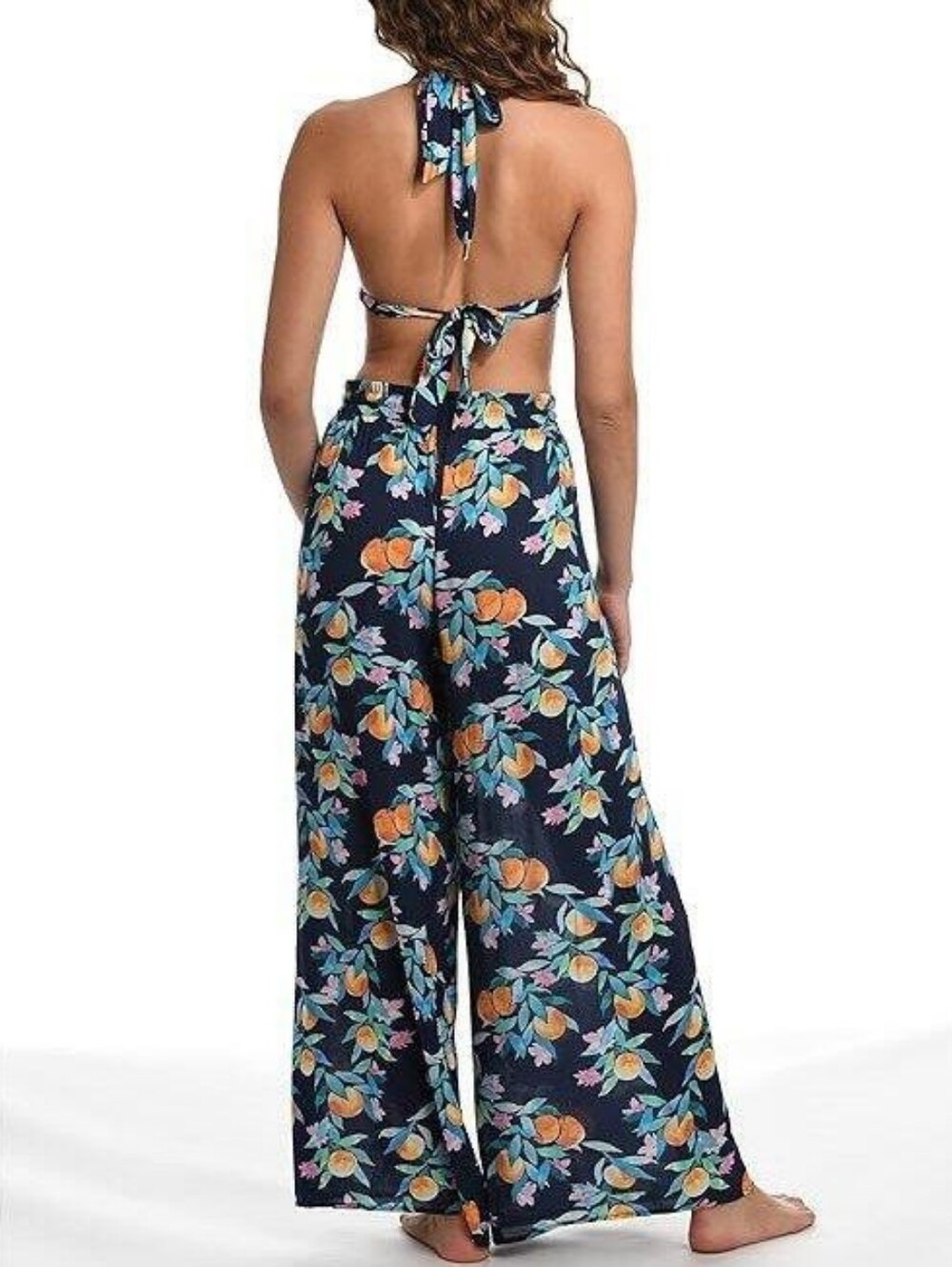 Sunshine 79 Floral Wide-Leg Navy Orange Beach Pants with Slits - Size: L - NWT - Picture 3 of 5